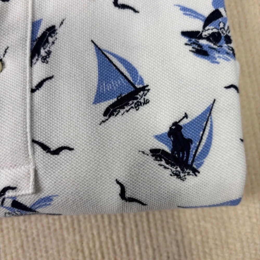 Polo Ralph Lauren Boys White Blue Sailboat Nautical Pique Polo Shirt L 14-16